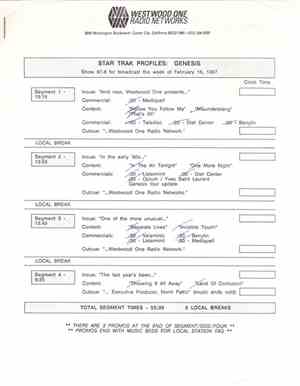 Genesis - Westwood One Star Trak Profiles # PC 87-08
